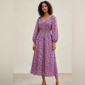 J. Crew Cotton Smocked V-Neck Waist Midi Dress in Berry Floral